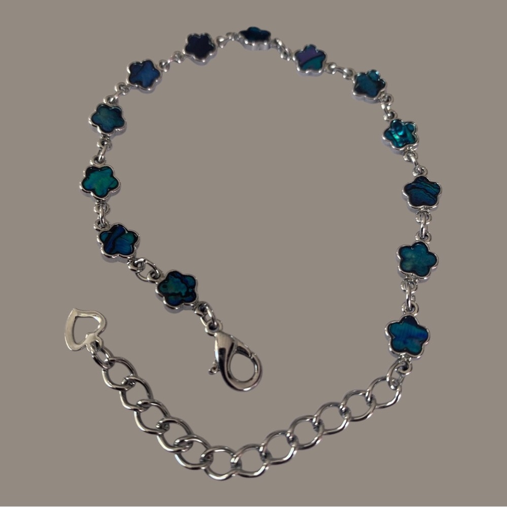 Abalone Shell Blue Flower Link Silver Plated Brac… - image 6